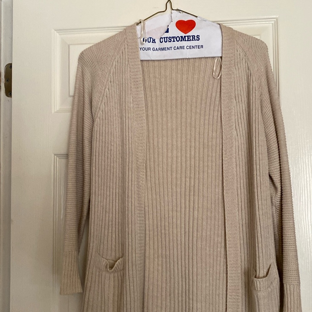 RD Style Long Open Front Ribbed Cardigan in Light Beige